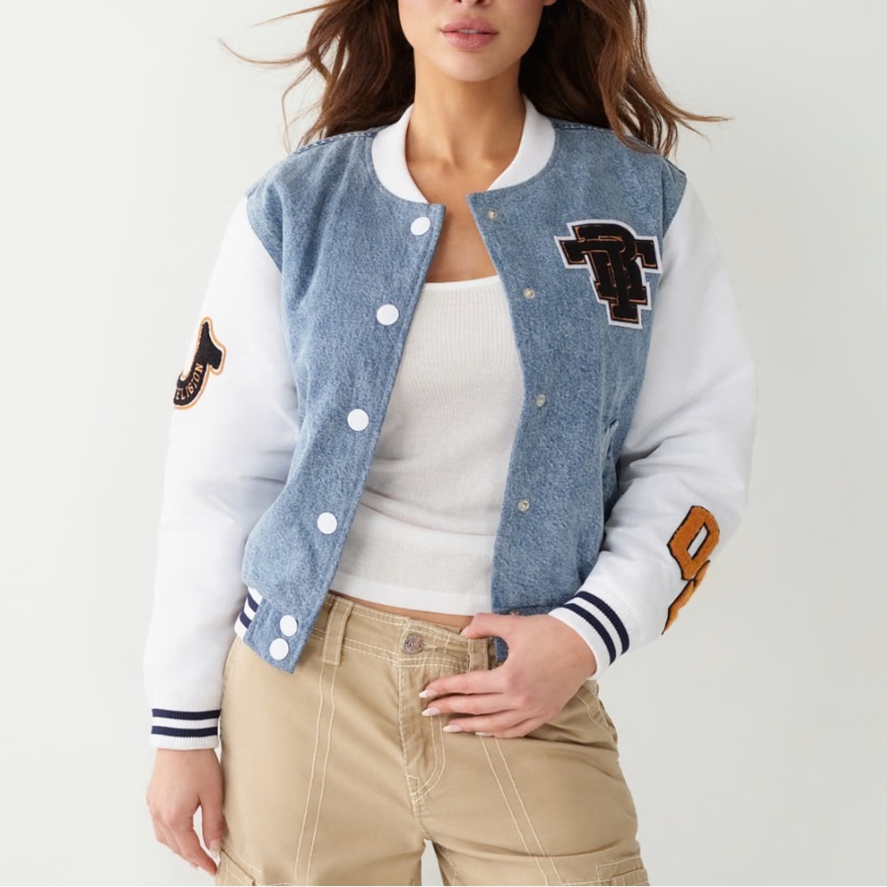 True Religion Blue and White Varsity Jacket